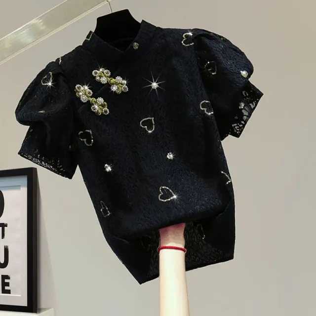 Vintage Buckle Stand Collar Puff Sleeve Top Beaded Black - Shop at LoveMi
