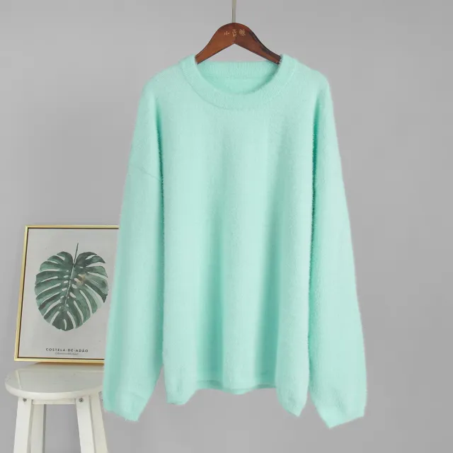 Simple Solid Color Knitted Loose Casual Sweater Mint - Shop at LoveMi