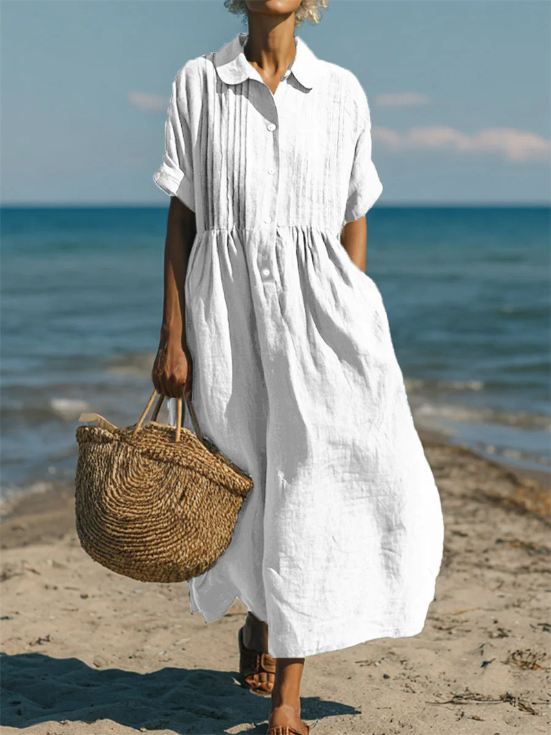 Notch collar Button front Pleated Short sleeve Cotton linen Dress White - Shop at LoveMi