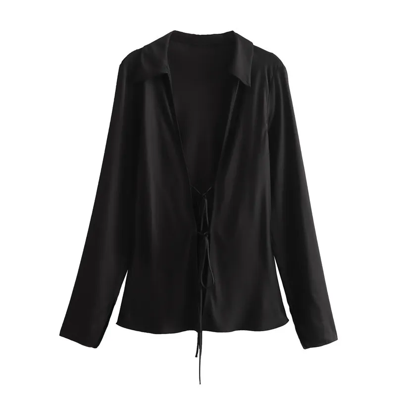 Women's European And American Style Loose Bow Silk Satin Textured Shirt - Black