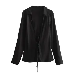 Women's European And American Style Loose Bow Silk Satin Textured Shirt - Black - View 1
