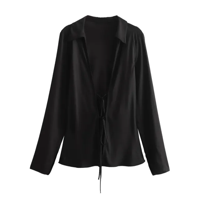 Women's European And American Style Loose Bow Silk Satin Textured Shirt Black - Shop at LoveMi