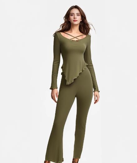 Solid Color Homewear Pajamas Suit Olive Green - Shop at LoveMi