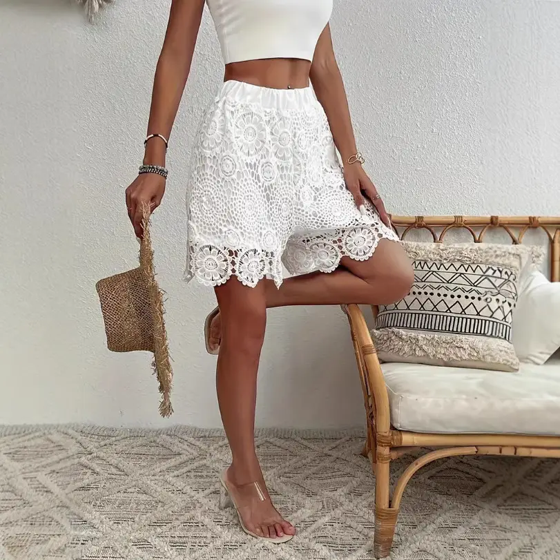 Lace Embroidered Elastic Waist Shorts