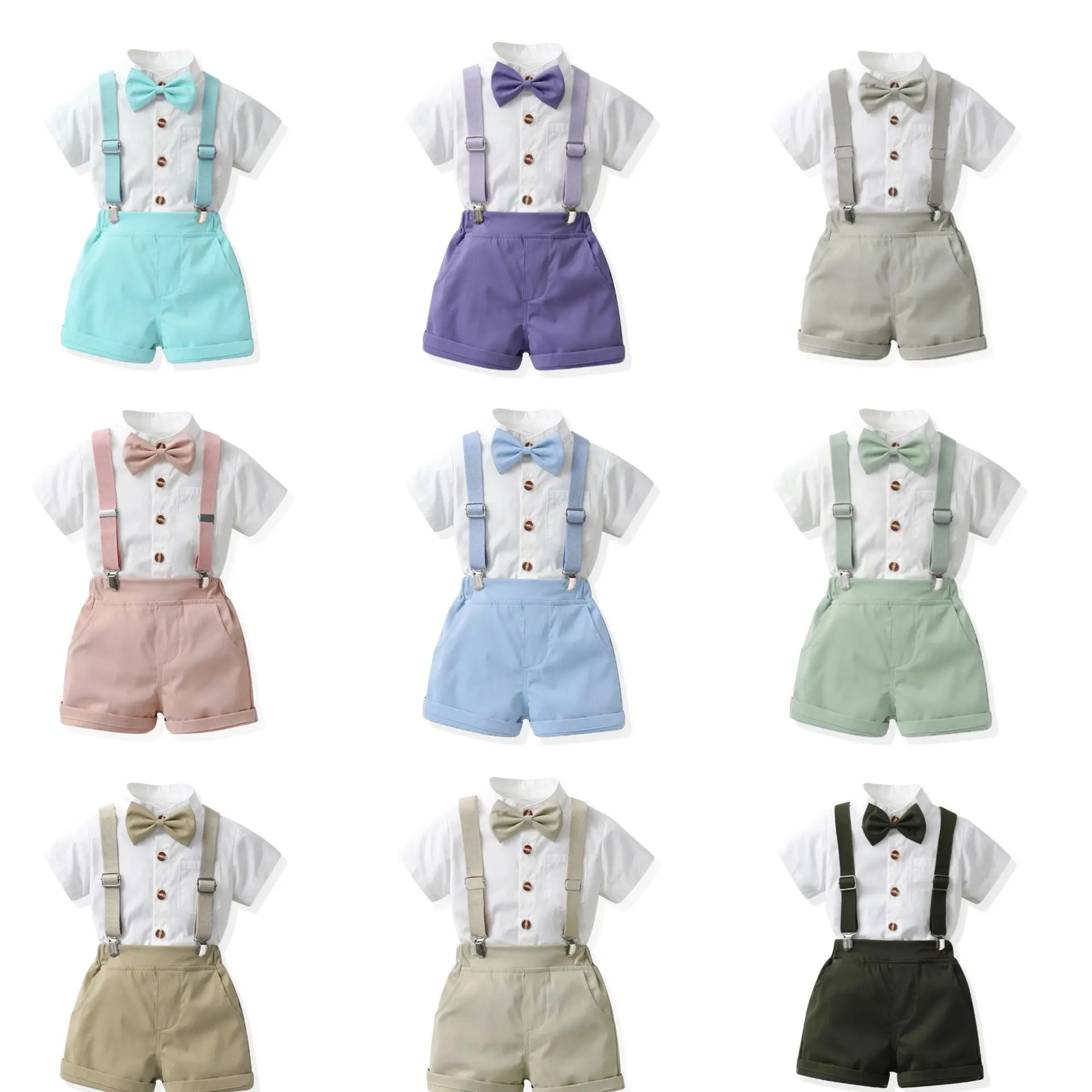 Boys Candy-Colored Stand-Neck Short-Sleeve Suspender Pants Set