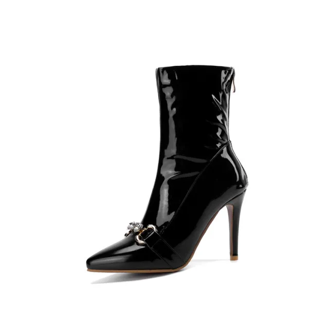 Patent Leather Pointed toe High heeled Ankle Boots Black - Shop at LoveMi