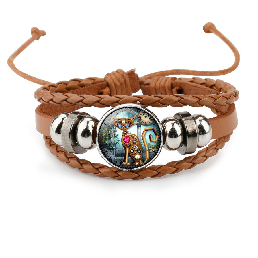 Gear Clock Steampunk Cat Time Stone Hand Weaving Bracelet