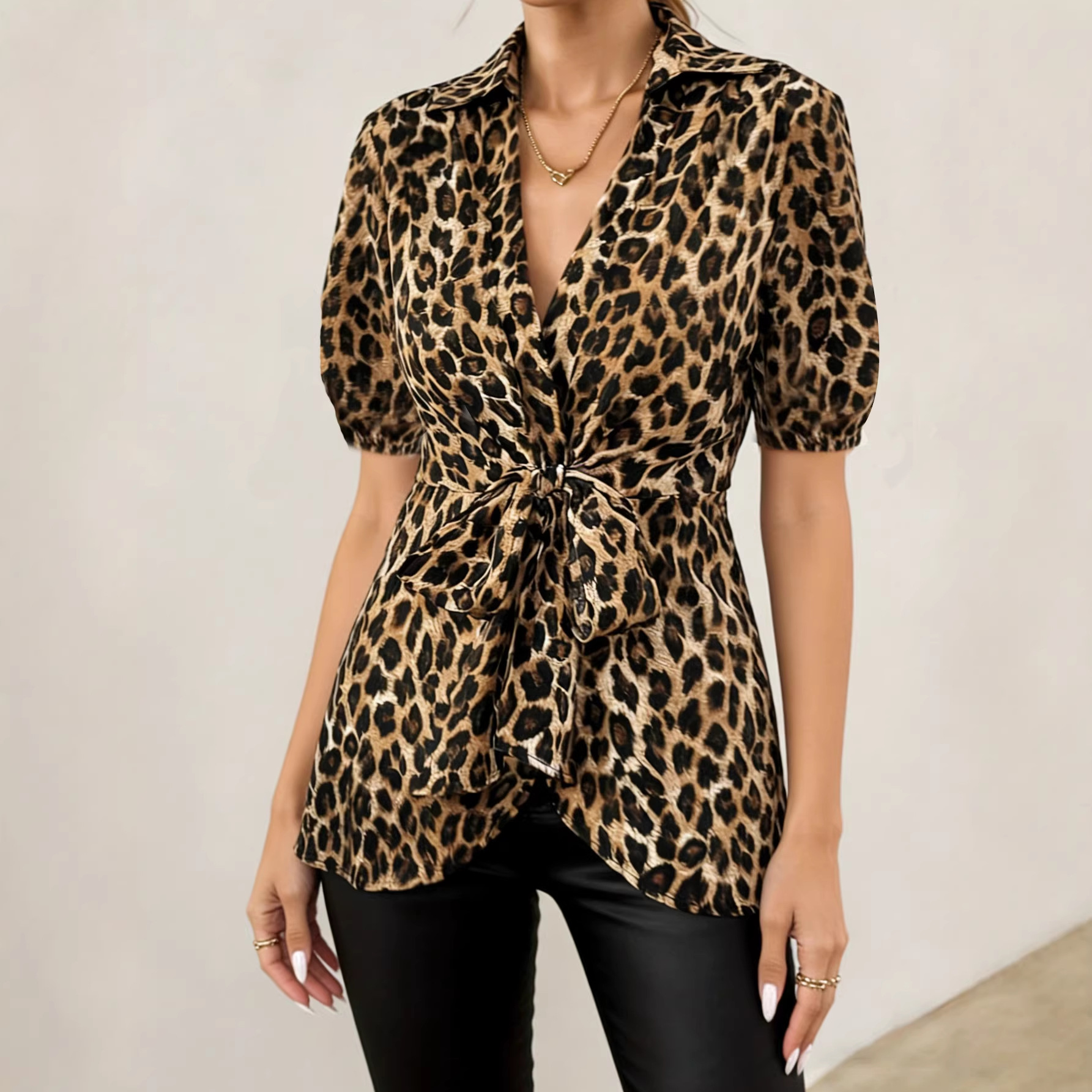 Womens Short-sleeved Lace-up Top Leopard-print Blouse