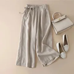 High Waist Side Lace-up Retro Art Elastic-waist Casual Pants For Women - Optic Linen-3Xl - View 1