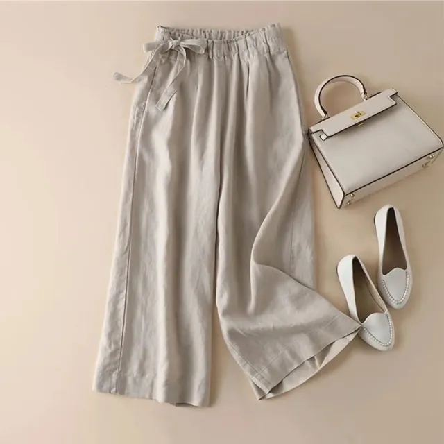 High Waist Side Lace up Retro Art Elastic waist Casual Pants For Women Optic Linen 3Xl - Shop at LoveMi