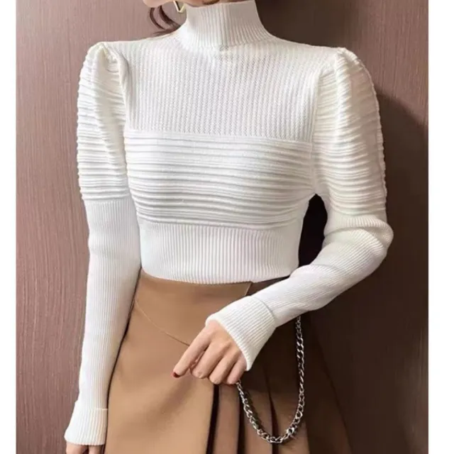 Women's Half Turtleneck Puff Sleeve Knitted Bottoming Shirt White - Shop at LoveMi