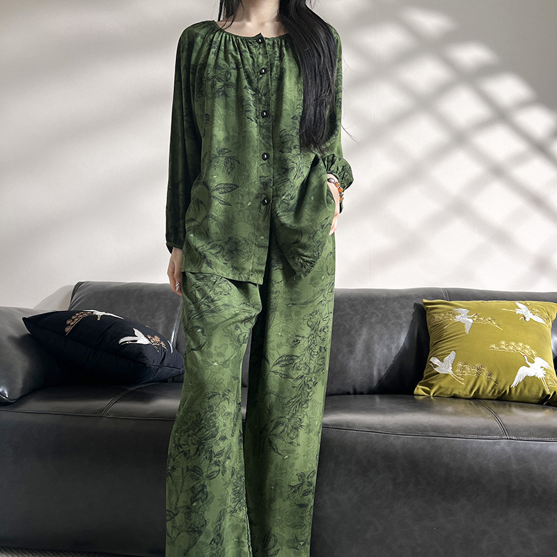 Womens Loose-Fit Long-Sleeve Long-Pants Printed Loungewear Set