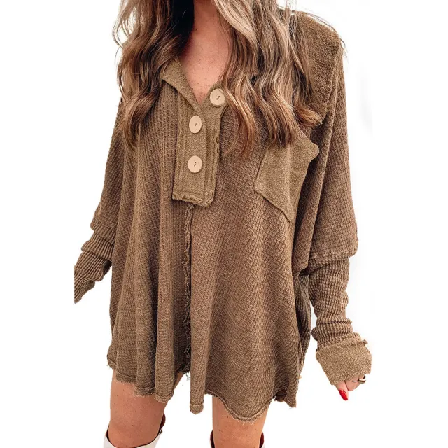 Women's Long sleeved Lapel Versatile Mid length T shirt Dark Brown - Shop at LoveMi