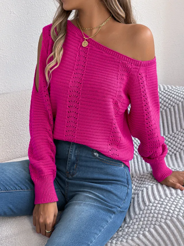 Solid Color Hollow Out Shoulder baring Long Sleeve Pullover Rose Red - Shop at LoveMi