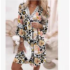 V-neck Printed Lace Stitching Casual Vacation Style Dress - Spotted Pattern-Xxl - View 1