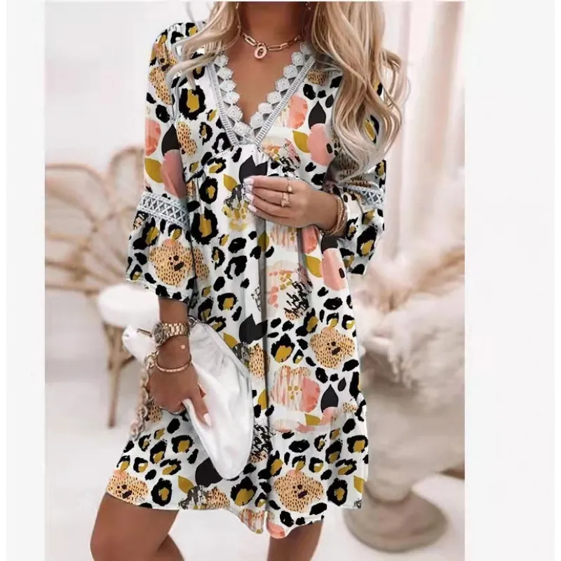 V-neck Printed Lace Stitching Casual Vacation Style Dress - Spotted Pattern-M