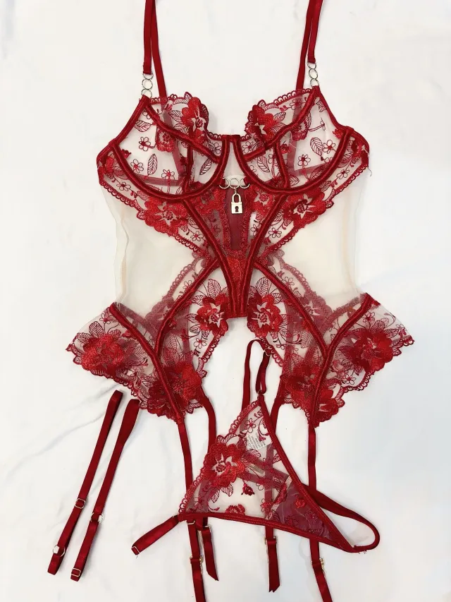 Women's Sheer Mesh Lace Lingerie Panties Three piece Set Red - Shop at LoveMi