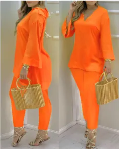Bell Sleeve Top And Trousers Fashion Suit Women - Orange - View 1