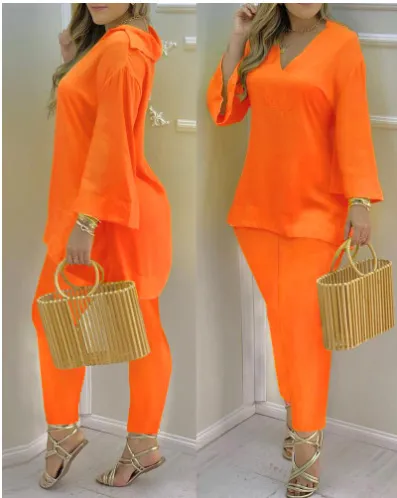 Bell Sleeve Top And Trousers Fashion Suit Women Orange - Shop at LoveMi
