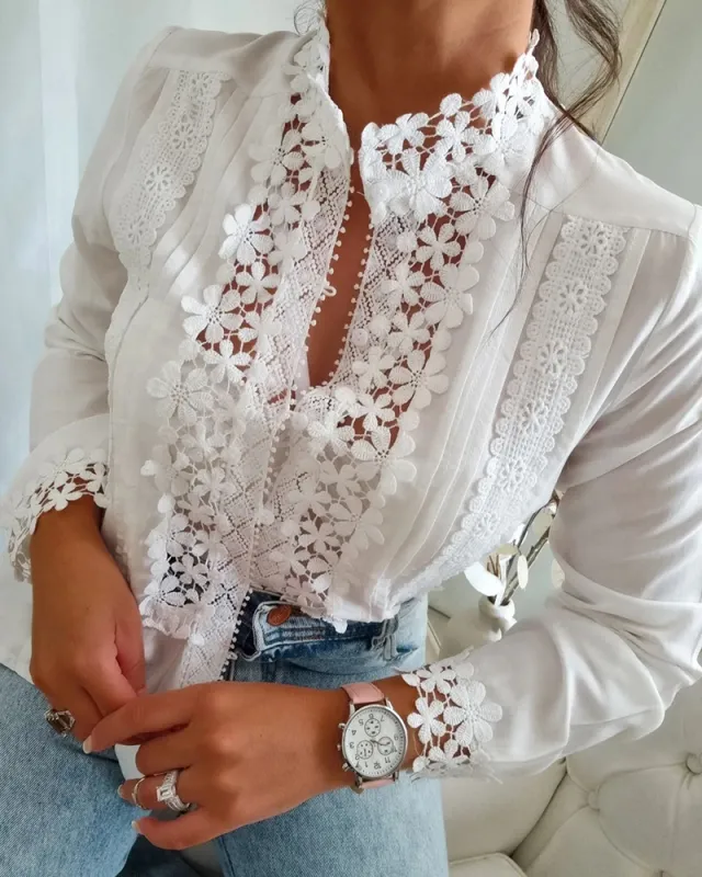 Women's White Lace Floral Long Sleeve Shirt Floral - Shop at LoveMi