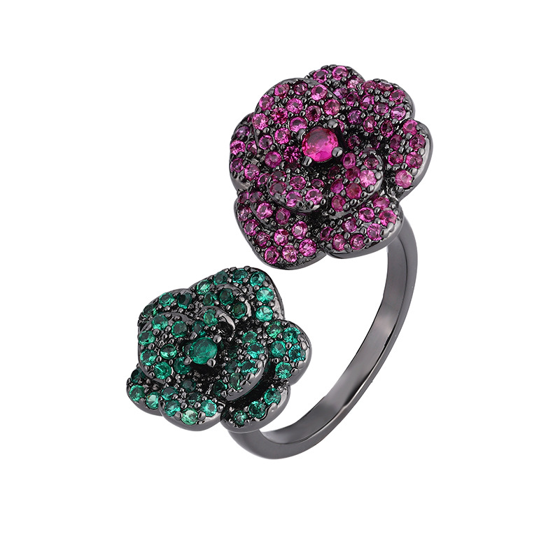 Ornament Copper Sole Golden Plate Red Corundum Black Gold Flowers Personality Female Ring