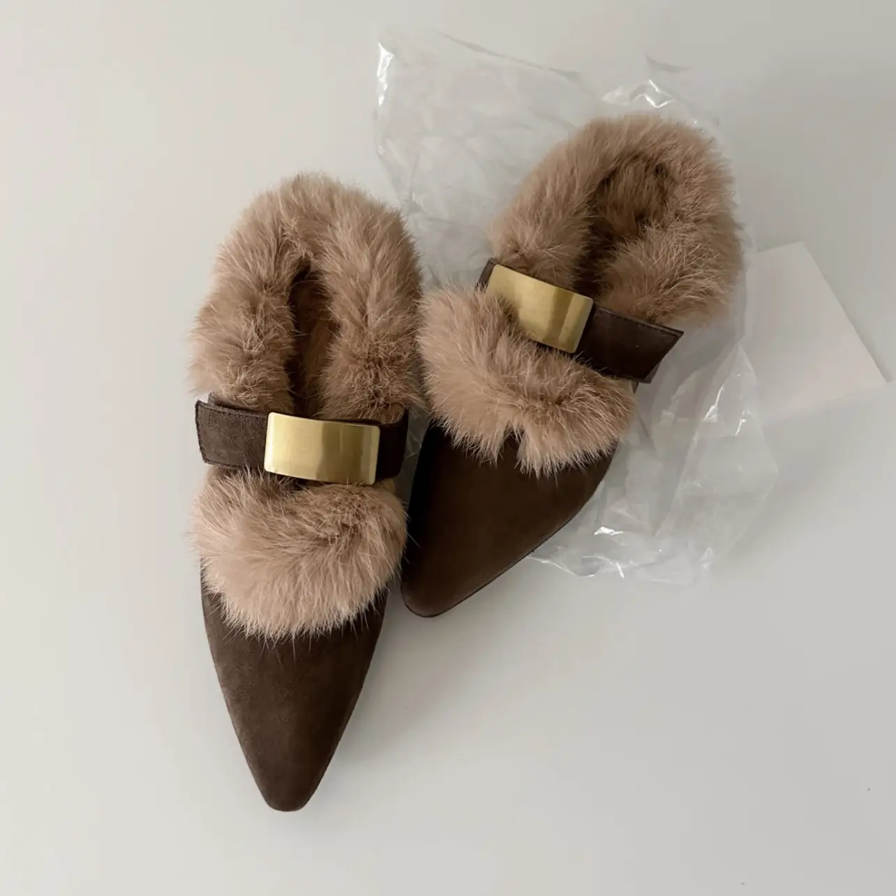Retro Leather Slingback Plush Shoes Casual Outdoor Flat Furry Shoes