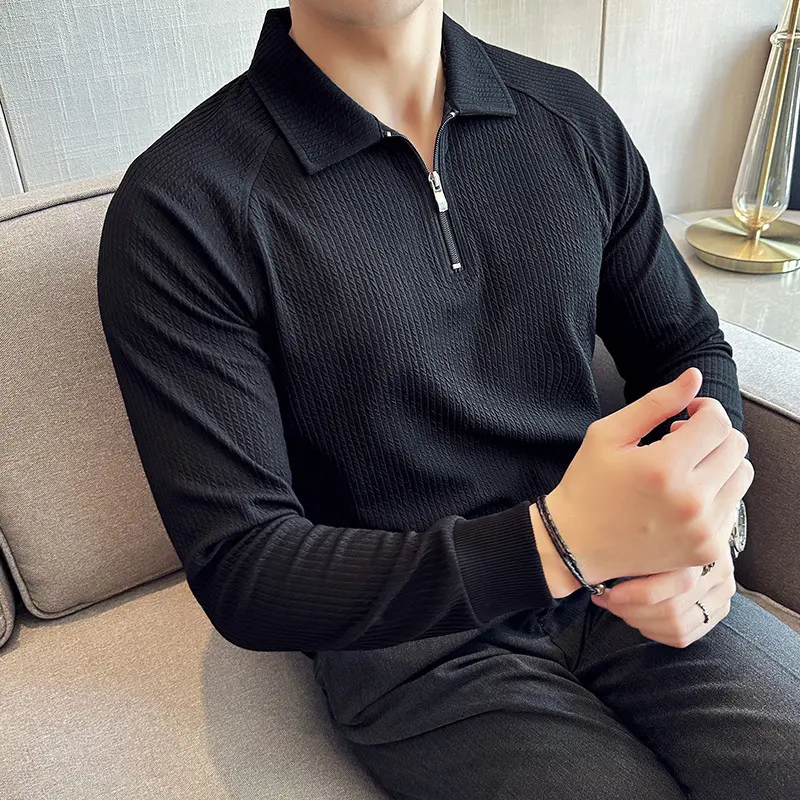 High Elastic Thickened Seersucker Half Zipper Polo Shirt