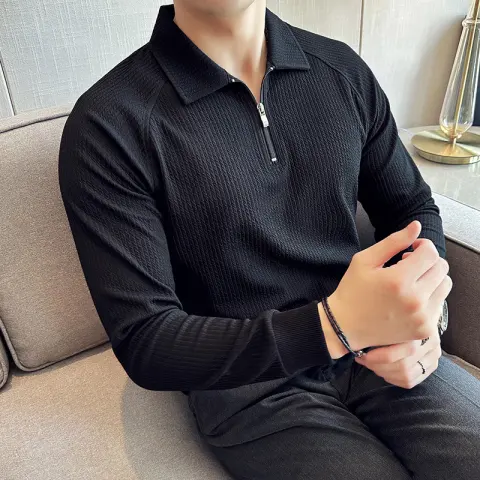 High Elastic Thickened Seersucker Half Zipper Polo Shirt