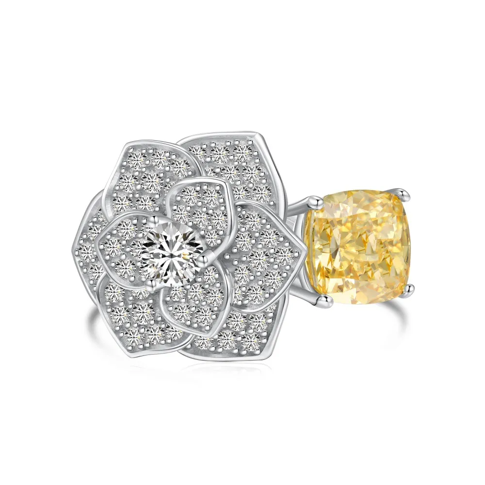 Silver S925 Yellow Fat Square Ice Flower Cut Flower DY Ring - Dy120935Swhb
