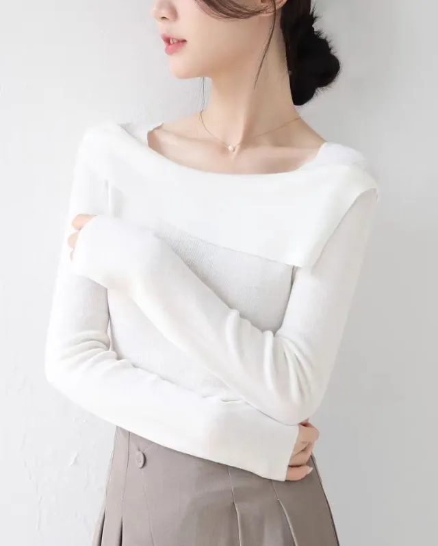 Gentle Temperament One word Collar Lapel Knitwear Women's Autumn And Winter New Style White - Shop at LoveMi