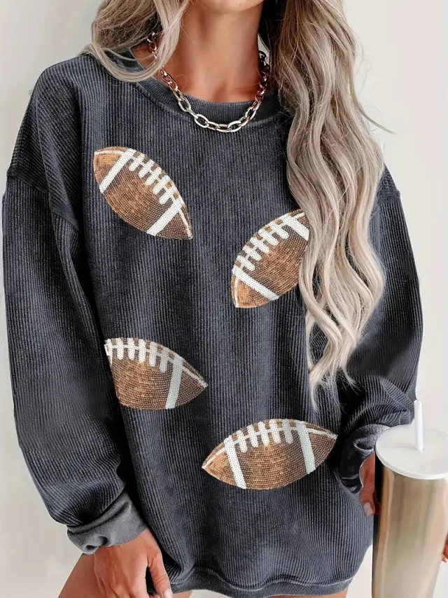 Rugby Graphic Print Crew Neck Long sleeved Sweater Black And Gray - Shop at LoveMi