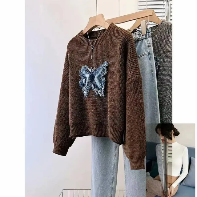 Tassel Denim Pattern Round Neck Sweater Top Butterfly Brown - Shop at LoveMi
