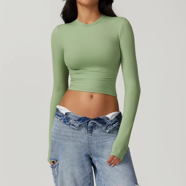 Tight Sports T shirt Quick drying Long Sleeve Yoga Wear Sports Fitness Top Grass Green - Shop at LoveMi