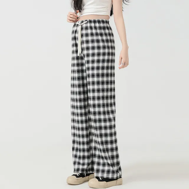Retro Plaid Narrow Wide leg Pants Slim Loose Casual Black - Shop at LoveMi