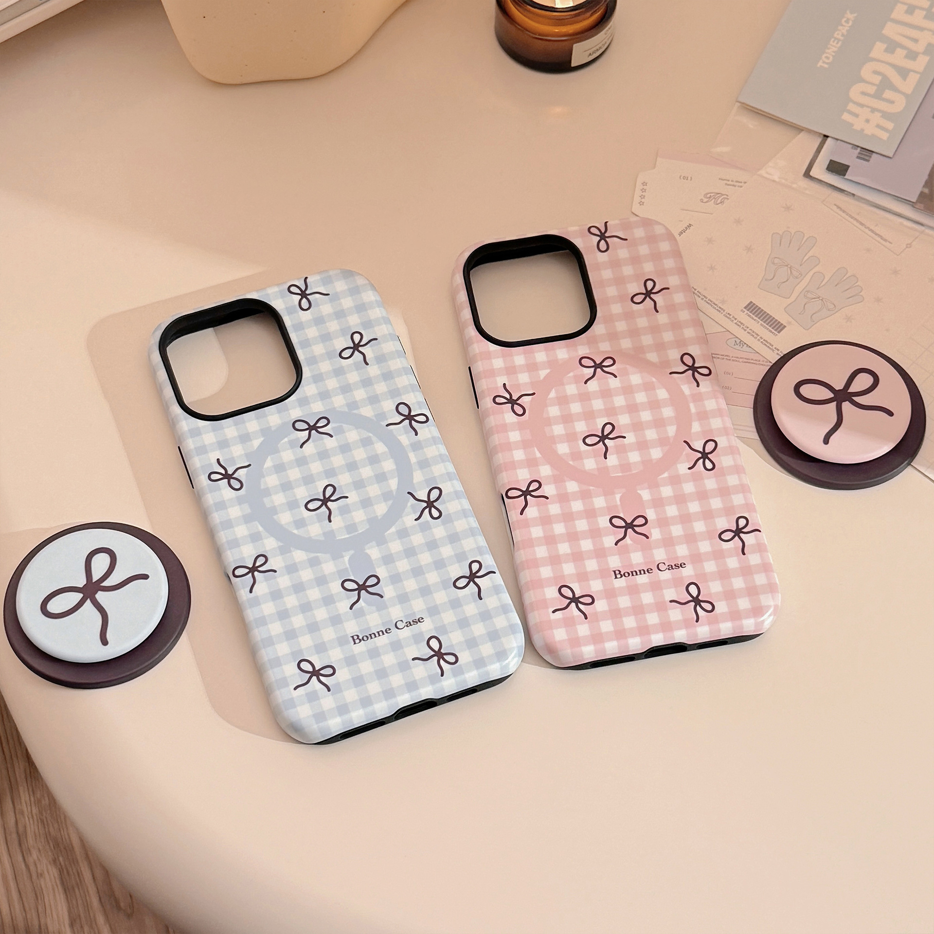 Plaid Bowknot Magnetic Stand Phone Case