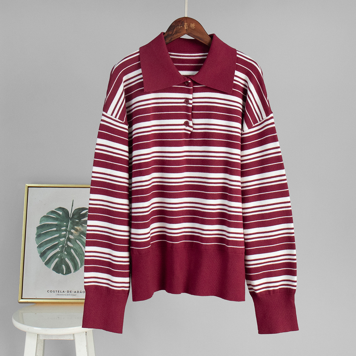 Striped Sweater Retro Contrast Color Striped Polo Collar Knitted T shirt Red - Shop at LoveMi