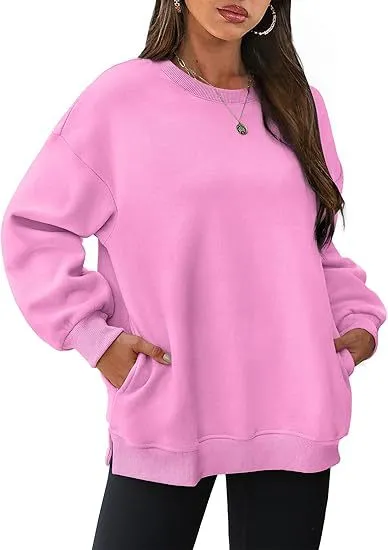 Women's Round Neck Pullover Oversized Loose Velvet Long Sleeve Sweatshirt Pink - Shop at LoveMi