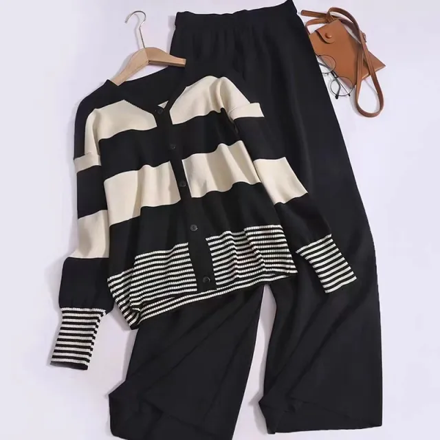 Korean Style Western Style Youthful looking Striped V neck Knitted Cardigan Wide Leg Pants Fashion Two piece Suit Black - Shop at LoveMi