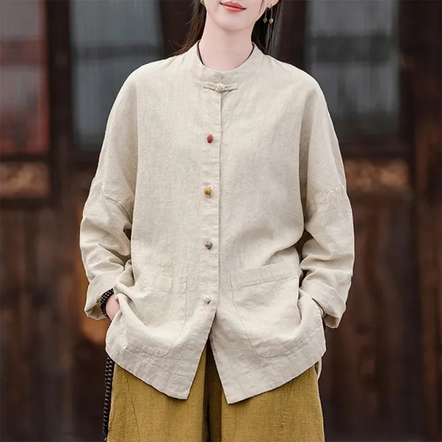 Retro Chinese style Women's Blouse For Spring And Autumn Hemp Color Xl - Shop at LoveMi