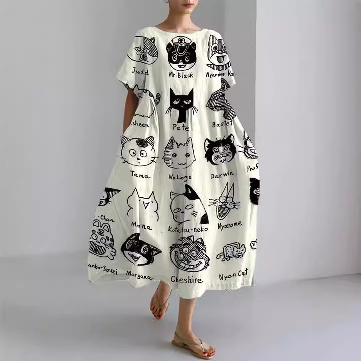 Casual Round-Neck Fashionable Short-Sleeve Printed Dress For Cats