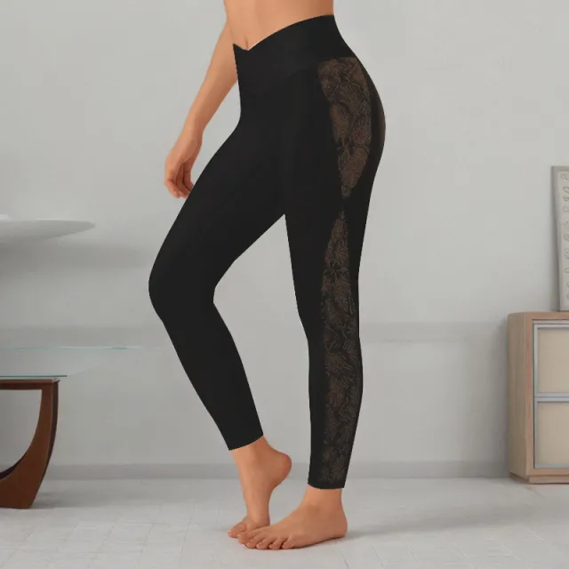 Slim Lace Stitching Yoga Leggings High Top Sports Fitness Pants Black - Shop at LoveMi