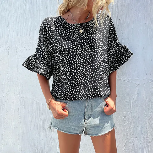 Stylish Shirt Leopard Print Bat Ruffle Sleeve Printed Shirt For Women Black - Shop at LoveMi