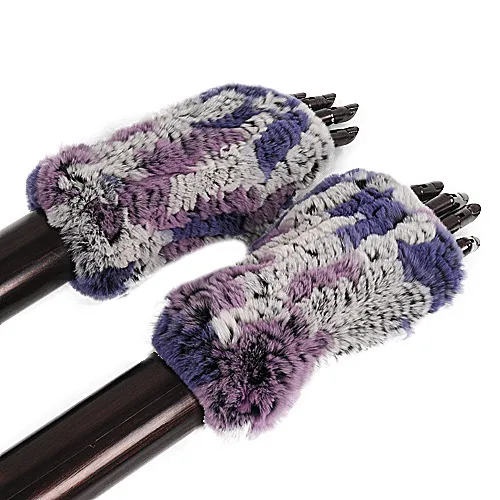 Rex Rabbit Fur Real Fur Cute Half Finger Thickened Gloves Colorful Blue And White - Shop at LoveMi