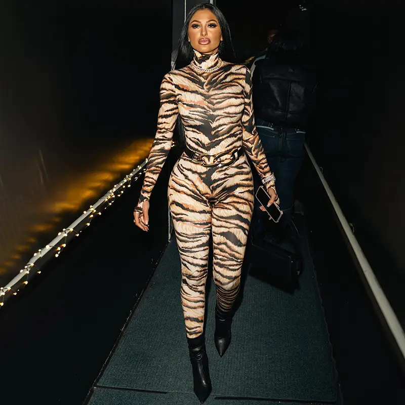 Women's Sexy Tiger Pattern Positioning Printed Turtleneck Jumpsuit