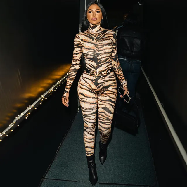Women's Sexy Tiger Pattern Positioning Printed Turtleneck Jumpsuit Tiger Grain Color - Shop at LoveMi