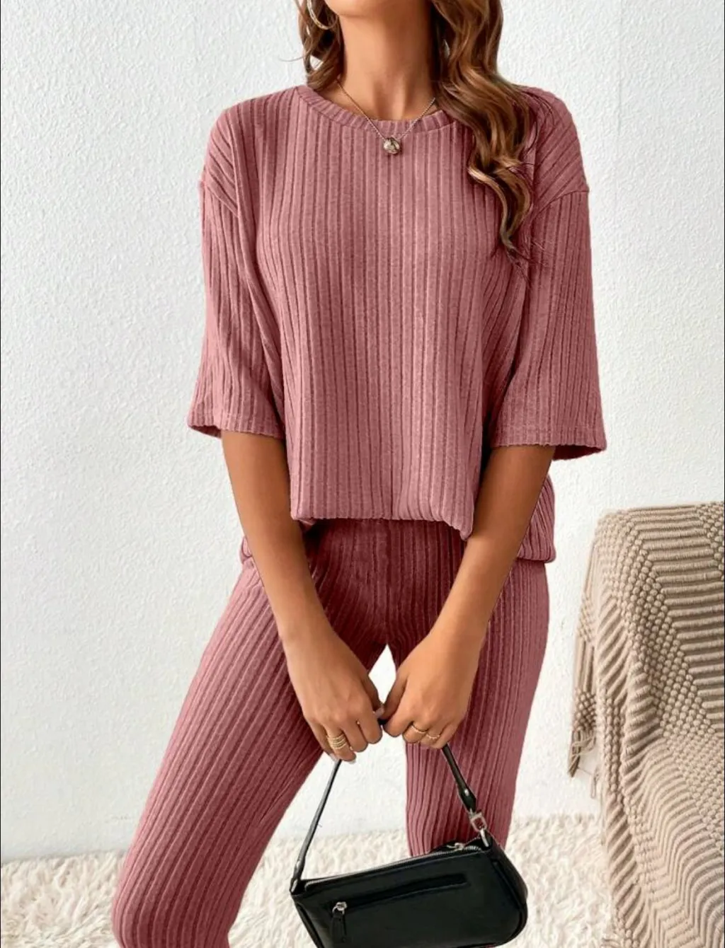 Women's Loose Casual Trousers Solid Color Fashion Homewear Suit - Red