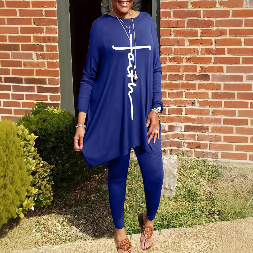 Round Neck Loose Long Sleeves Solid Color Printed Plus Size Women's Clothing Two-piece Set - Image 6