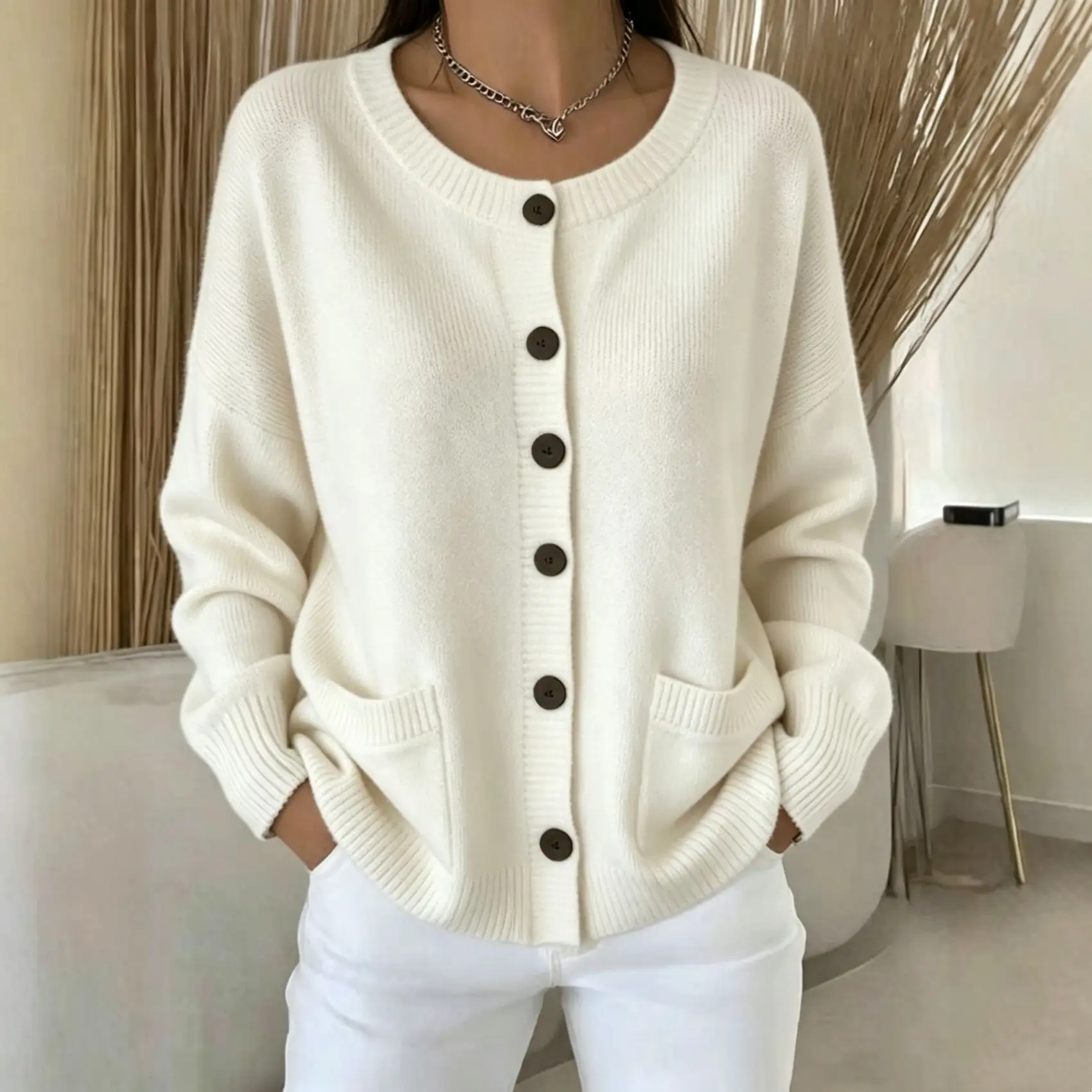 Womens Solid-Color Knitted Cardigan Sweater Coat
