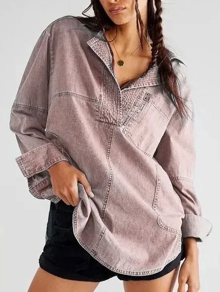 Lapel Casual Slimming Shirt Denim Coat Greyish Purple - Shop at LoveMi