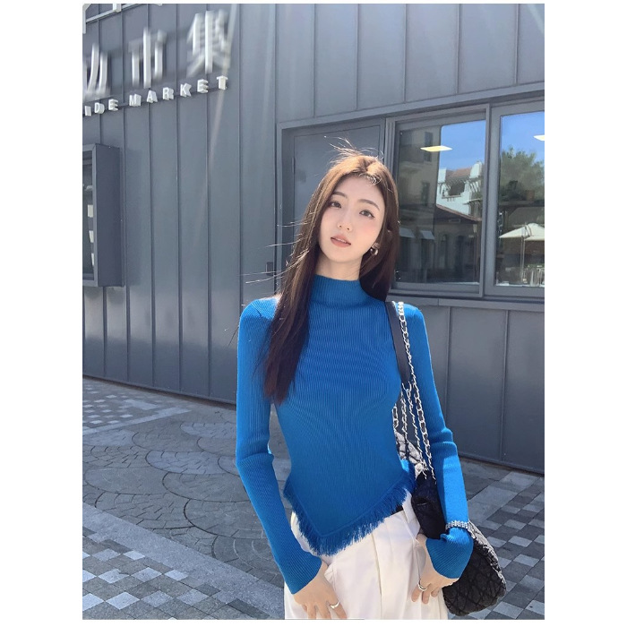 Women's Solid Color Semi High Neck Tassel Knit Base Sweater - Image 6